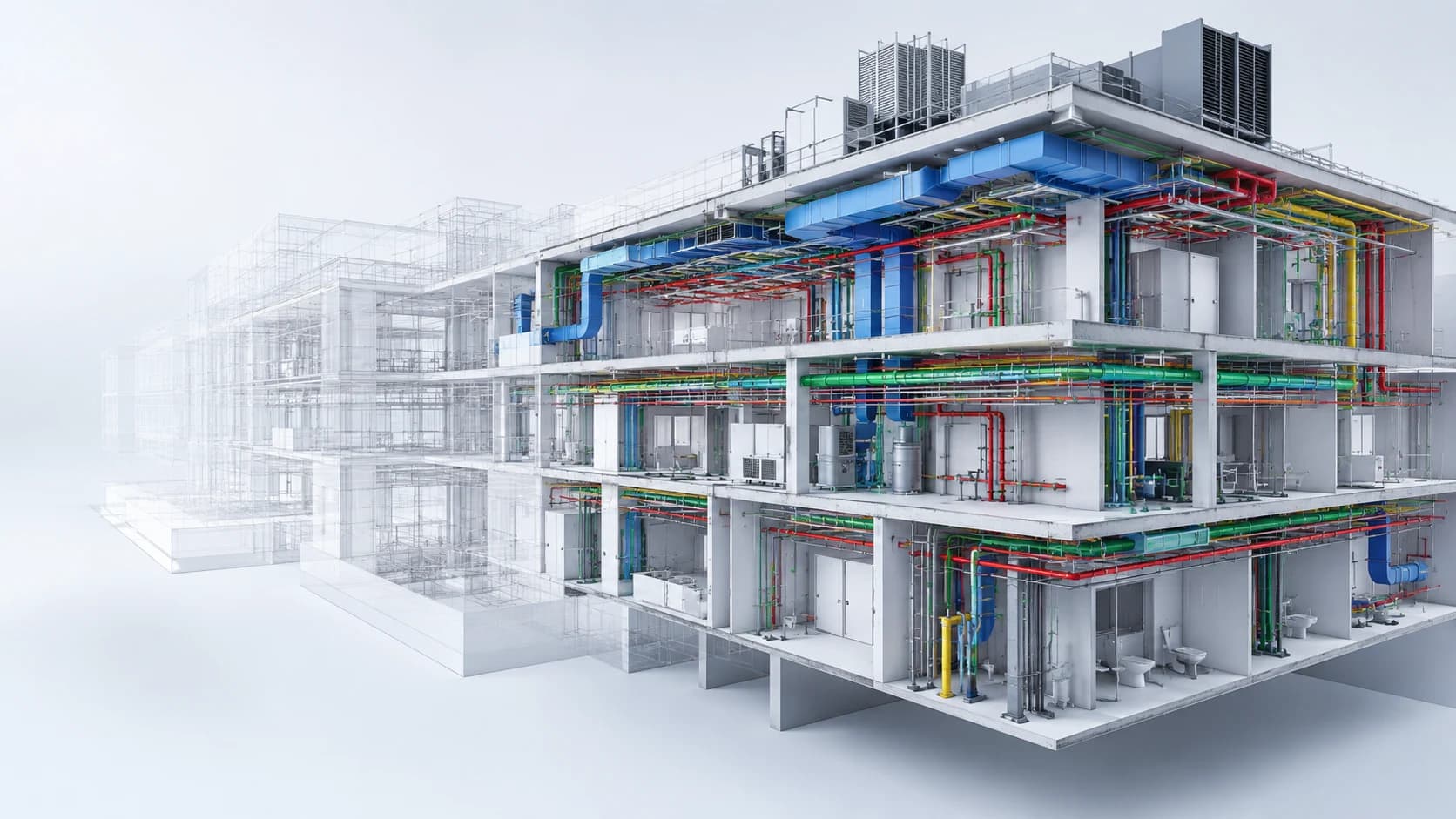 Gebäudeschnitt mit farblich getrennten Lüftungskanälen, Rohrnetzen und Sanitäranlagen im 3D-Modell