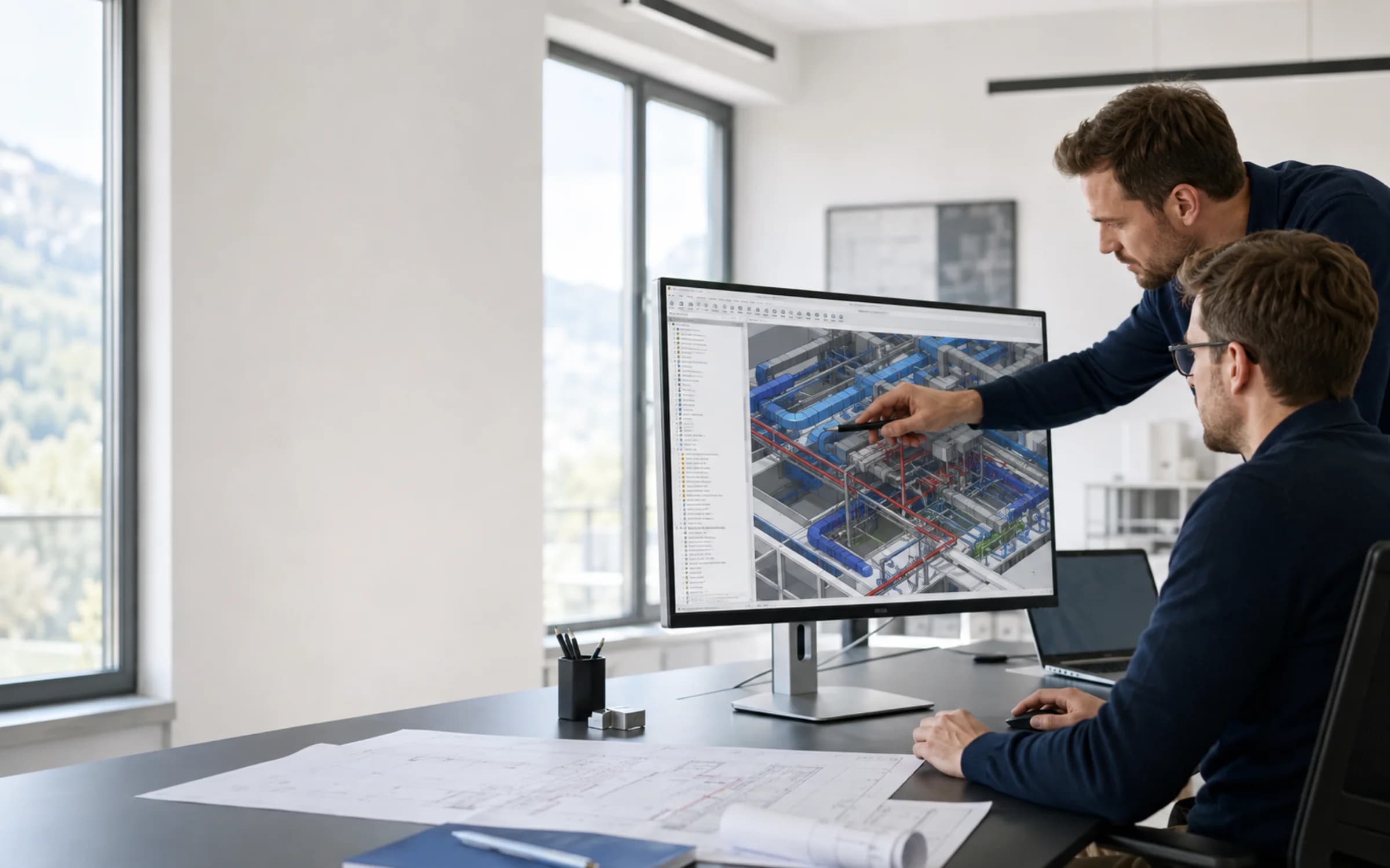 Zwei Gebäudetechnikplaner koordinieren gemeinsam ein BIM-Fachmodell am Bildschirm