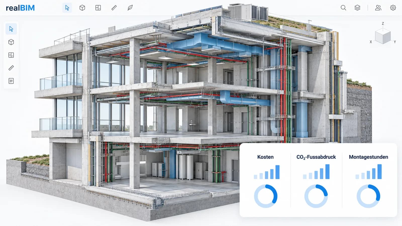 Ein realBIM-Gebäudemodell mit Kennzahlen für Kosten, CO₂-Fussabdruck und Montagestunden rechts unten.