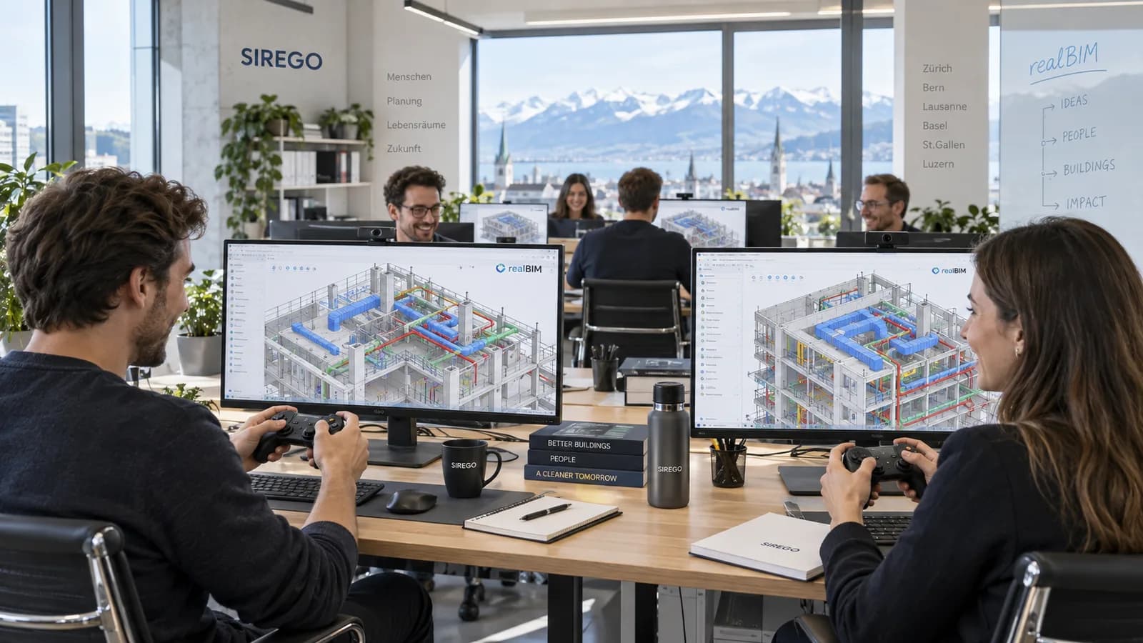 Planer in einem Grossraumbüro steuern Gebäudemodelle in realBIM gemeinsam mit Gamepads.