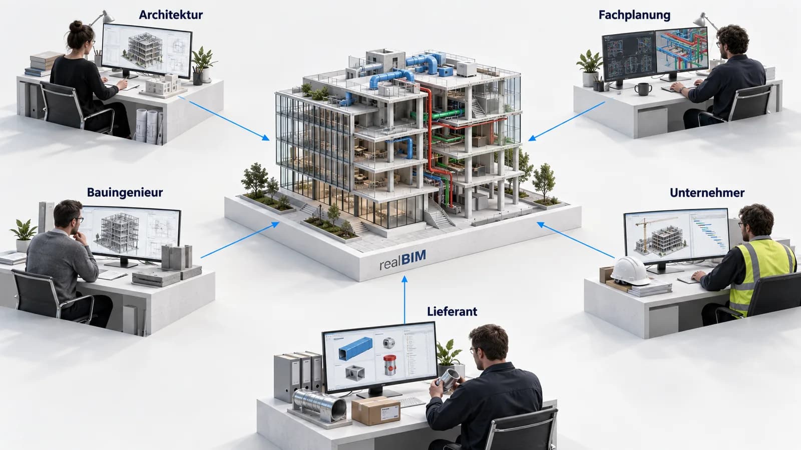 Architektur, Fachplanung, Bauingenieur, Unternehmer und Lieferant sind mit einem gemeinsamen Gebäudemodell verbunden.