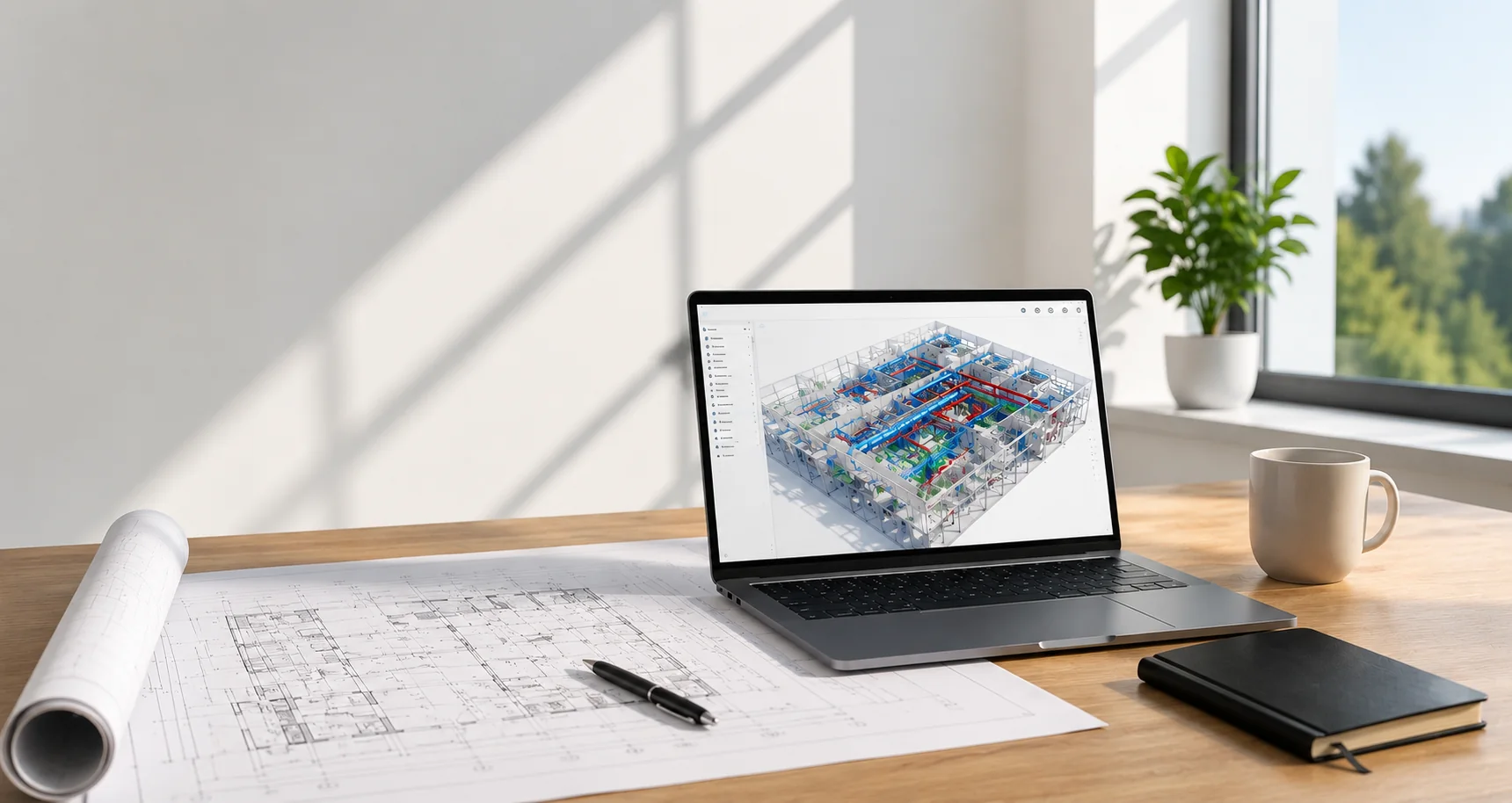 Arbeitsplatz für digitale Gebäudetechnikplanung mit Revit-Modell und Bauplan